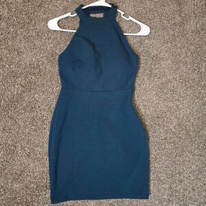 Women's Speechless Teal Halter Neck Cross Back Tight Bodycon Mini Dress 1
